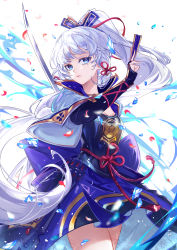 Rule 34 | 1girl, arm guards, ayaka (genshin impact), blue eyes, breasts, chest guard, crest, dress, family crest, fighting stance, genshin impact, hand fan, highres, ice, japanese clothes, jewelry, long hair, long sleeves, looking at viewer, mihoyo, open mouth, ponytail, red ribbon, ribbon, solo, vardan, white hair