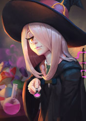 Rule 34 | 10s, 1girl, a6, hair over one eye, hat, highres, holding, holding spoon, light smile, little witch academia, long hair, mushroom, one eye covered, pink hair, potion, robe, solo, sparkling eyes, spoon, sucy manbavaran, tube, witch hat, yellow eyes