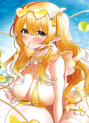 Rule 34 | 1girl, absurdres, ahoge, ball, bare shoulders, beachball, bikini, blonde hair, blush, breasts, cup, day, eyewear on head, flower, green eyes, hair between eyes, hair ribbon, heart, heart-shaped eyewear, highres, holding, holding cup, large breasts, long hair, looking at viewer, melonbooks, original, outdoors, pointy ears, pomu (pomu me), ribbon, solo, spoon, sunglasses, swimsuit, tinted eyewear, two side up, utensil in mouth, very long hair, water, white flower, yellow-tinted eyewear, yellow bikini, yellow ribbon