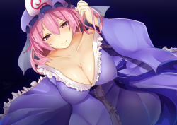Rule 34 | 1girl, black background, blush, breasts, cleavage, hat, large breasts, looking at viewer, myumi, pink eyes, pink hair, playing with own hair, saigyouji yuyuko, seductive smile, short hair, smile, solo, touhou, triangular headpiece