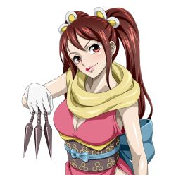 Rule 34 | 1girl, breasts, brown eyes, brown hair, cleavage, female focus, gloves, highres, holding, holding knife, holding weapon, japanese clothes, knife, kunai, long hair, looking at viewer, matching hair/eyes, medium breasts, nel-zel formula, ninja, one piece, red lips, shinobu (one piece), smile, solo, twintails, weapon, white gloves