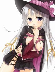 Rule 34 | 1girl, ayachi nene, belt, breasts, buckle, cape, collar, grey hair, hat, highres, long hair, muririn, nipples, no panties, open clothes, open skirt, purple eyes, ribbon, sanoba witch, shadow, skirt, vial, witch hat
