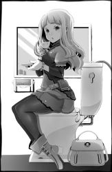 Rule 34 | 1girl, bad id, bad twitter id, blush, boots, bracelet, candle, cup, dress, greyscale, highres, hime cut, holding, jewelry, long hair, looking at viewer, mirror, monochrome, original, pantyhose, saucer, short dress, sitting, solo, teacup, toilet, uni mate