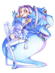 Rule 34 | 00s, 1girl, absurdres, blue dragon, bouquet (blue dragon), breasts, covered erect nipples, flower, highres, large breasts, purple hair, simple background, solo, thighhighs, traditional media, twintails, white background, white thighhighs