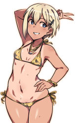 Rule 34 | 1girl, arm up, asymmetrical hair, bikini, blonde hair, breasts, cameltoe, character request, commentary request, covered erect nipples, earrings, em (totsuzen no hakike), grin, hair between eyes, hair ornament, hairclip, halterneck, jewelry, legs together, looking at viewer, micro bikini, navel, necklace, short hair, side-tie bikini bottom, side-tie bottom, simple background, small breasts, smile, solo, standing, sweat, swimsuit, tan, v, white background, world witches series