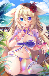 Rule 34 | 1girl, animal ears, barefoot, bell, bikini, blonde hair, blue eyes, blue nails, blurry, blurry foreground, bow, breasts, bridal garter, capelet, choker, commentary request, day, flower, frilled bikini, frills, green nails, groin, hair between eyes, hair flower, hair ornament, hand up, heterochromia, highres, jingle bell, ko yu, large breasts, long hair, looking at viewer, multicolored nails, nail polish, navel, neck bell, open mouth, original, outdoors, palm leaf, pink flower, plant, purple bikini, purple bow, purple capelet, purple eyes, purple nails, purple ribbon, red flower, ribbon, ribbon choker, sitting, sky, solo, stomach, swimsuit, tail, tail raised, toenail polish, toenails, very long hair, wrist flower, wristband
