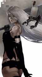 Rule 34 | 1girl, android, ass, bare shoulders, black gloves, black shorts, blue eyes, breasts, commentary request, elbow gloves, floating, gauss &lt;bokashi, gloves, highres, holding, joints, lips, lipstick, long hair, looking at viewer, makeup, medium breasts, mole, mole under mouth, nier:automata, nier (series), pod (nier:automata), robot, robot joints, short shorts, shorts, simple background, sleeveless, thighs, torn clothes, white hair, a2 (nier:automata)