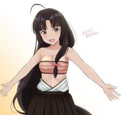 Rule 34 | 1girl, ahoge, ame-san, bandeau, black hair, black hakama, black skirt, brown eyes, unworn clothes, commentary request, dated, hakama, hakama short skirt, hakama skirt, highres, japanese clothes, kantai collection, long hair, looking at viewer, low-tied long hair, open mouth, outstretched arms, shouhou (kancolle), skirt, smile, solo, twitter username, upper body
