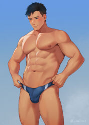Rule 34 | 1boy, abs, artist name, bara, black hair, blue background, blue eyes, blue male swimwear, blush, bulge, collarbone, commentary request, covered penis, cowboy shot, crotch seam, facing viewer, frown, gradient background, highres, large pectorals, looking down, male focus, male swimwear, muscular, muscular male, navel, nipples, original, pectorals, short hair, solo, standing, swim briefs, twitter username, uhai, variant set