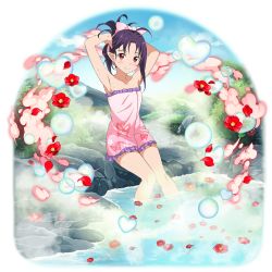 Rule 34 | 1girl, ahoge, animal print, armpits, arms up, bow, butterfly print, child, closed mouth, collarbone, day, flat chest, flower, frilled towel, full body, hair bow, heart, highres, long hair, looking at viewer, naked towel, official art, onsen, outdoors, pink bow, pink towel, print towel, purple hair, red eyes, red flower, sitting, smile, soaking feet, solo, sword art online, towel, transparent background, tying hair, yuuki (sao)