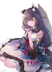Rule 34 | 1girl, absurdres, animal ear fluff, animal ears, artist name, bare shoulders, black hair, blush, breasts, cat ears, cat girl, cat tail, commentary request, detached sleeves, dress, fang, gem, green eyes, highres, karyl (princess connect!), long hair, looking at viewer, low twintails, melailai, multicolored hair, painttool sai (medium), photoshop (medium), princess connect!, shadow, simple background, sleeveless, sleeveless dress, solo, streaked hair, tail, twintails, very long hair, white background, white hair