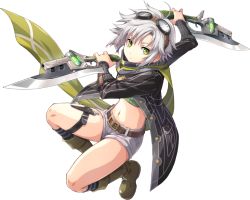 Rule 34 | 1girl, ahoge, belt, black jacket, boots, crop top, dagger, dual wielding, eiyuu densetsu, enami katsumi, falcom, fie claussell, full body, goggles, goggles on head, green eyes, green shirt, gunblade, holding, holding weapon, jacket, kneehighs, knife, leg belt, long sleeves, looking at viewer, midriff, navel, official art, open clothes, open jacket, reverse grip, ribbed shirt, scarf, sen no kiseki, shirt, short hair, short shorts, shorts, socks, solo, stomach, striped clothes, striped socks, thighs, transparent background, weapon, white hair, white shorts