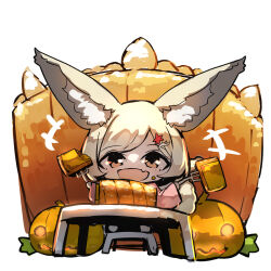 Rule 34 | +++, 1girl, :d, animal ear fluff, animal ears, blonde hair, brown eyes, cake, chibi, commentary request, fang, food, food on face, fork, fox ears, fox girl, fox tail, grey hair, hair ornament, highres, holding, holding fork, jack-o&#039;-lantern, leaf hair ornament, long sleeves, open mouth, original, pink shirt, shirt, simple background, smile, solo, standing, stool, swept bangs, table, tail, white background, yuuji (yukimimi)