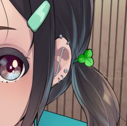 Rule 34 | 1girl, barbell piercing, black hair, close-up, clover hair ornament, commentary request, ear piercing, earrings, grey eyes, hair ornament, hairclip, industrial piercing, jewelry, looking at viewer, original, outdoors, piercing, short hair, short twintails, sody, solo, twintails