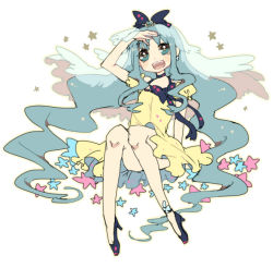 Rule 34 | 10s, 1girl, aano (10bit), alternate costume, blue eyes, blue hair, blush, choker, cure marine, dress, earrings, eyelashes, hair ornament, hair ribbon, happy, heartcatch precure!, jewelry, kurumi erika, looking at viewer, magical girl, matching hair/eyes, open mouth, precure, ribbon, simple background, sitting, smile, solo, wavy hair, white background, yellow dress
