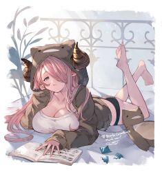 Rule 34 | 1girl, ass, ayacho, barefoot, blue eyes, blush, book, breasts, brown hoodie, cleavage, collarbone, draph, feet, feet up, granblue fantasy, hair over one eye, hand on own cheek, hand on own face, highres, hood, hoodie, horns, large breasts, long hair, looking at viewer, lying, narmaya (granblue fantasy), on stomach, pink hair, pointy ears, soles, solo, stuffed toy, thighs, toes, very long hair