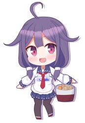 Rule 34 | 1girl, ahoge, black pantyhose, black sailor collar, black skirt, blush, chibi, full body, hair flaps, highres, kantai collection, kominato haru, long hair, long sleeves, looking at viewer, low twintails, necktie, open mouth, pantyhose, pleated skirt, purple hair, red eyes, red necktie, sailor collar, school uniform, serafuku, simple background, skirt, smile, solo, taigei (kancolle), twintails, white background