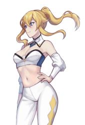 Rule 34 | 1girl, blonde hair, blue eyes, blush, breasts, cleavage, crop top, genshin impact, hand on own hip, highres, jean (genshin impact), long hair, looking to the side, medium breasts, midriff, navel, pants, ponytail, smile, solo, white pants
