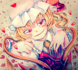 Rule 34 | 1girl, blonde hair, collared shirt, crystal, fangs, flandre scarlet, flower, frilled shirt collar, frills, hat, highres, looking at viewer, matsukuzu, mob cap, nail polish, open mouth, puffy short sleeves, puffy sleeves, red eyes, red flower, red nails, red petals, red rose, red vest, rose, shirt, short sleeves, simple background, solo, touhou, upper body, vest, white hat, white shirt, wings