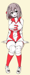 Rule 34 | 1girl, absurdres, commentary, elbow pads, girls und panzer, headband, highres, invisible chair, knee pads, kondou taeko, limited palette, looking at viewer, medium hair, open mouth, red headband, red shirt, red shorts, red socks, shiiba aki, shirt, shoes, short shorts, shorts, sitting, sleeveless, sleeveless shirt, smile, sneakers, socks, solo, sportswear, volleyball uniform, white footwear