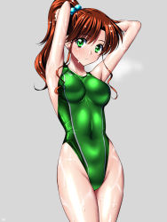 Rule 34 | 1girl, adjusting hair, arena (company), arms up, bishoujo senshi sailor moon, blush, breasts, brown hair, collarbone, competition swimsuit, covered navel, earrings, female focus, green eyes, grey background, groin, hair bobbles, hair ornament, highleg, highleg swimsuit, jewelry, kino makoto, large breasts, long hair, one-piece swimsuit, ponytail, sen (sansui), shiny clothes, signature, simple background, solo, sparkle, swimsuit, tying hair, wet