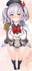Rule 34 | 10s, 1girl, beret, blue eyes, blush, breasts, epaulettes, full body, gloves, hand on another&#039;s face, hat, heart, heart-shaped pupils, highres, kantai collection, kashima (kancolle), kneehighs, large breasts, looking at viewer, military, military uniform, no pants, no shoes, nylon (nylon 100%), panties, parted lips, pov, socks, solo, solo focus, standing, symbol-shaped pupils, twintails, underwear, uniform, white gloves