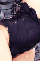 Rule 34 | 1girl, bed, bed sheet, black hair, cameltoe, commentary request, long hair, lying, mizusawa suzuka, on back, on bed, one-piece swimsuit, original, senji (tegone spike), shiny clothes, shiny skin, solo, swimsuit, tan, tanline, thighs, topless, towel