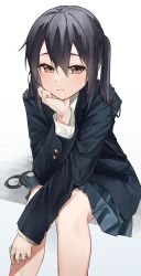 Rule 34 | 1girl, absurdres, bad id, bad pixiv id, black hair, black shirt, blush, brown eyes, closed mouth, commentary, eyebrows hidden by hair, hair between eyes, head rest, highres, holding, k-on!, kumanoko, long hair, long sleeves, looking at viewer, nakano azusa, pleated skirt, school uniform, shirt, simple background, sitting, skirt, solo, twintails, white background