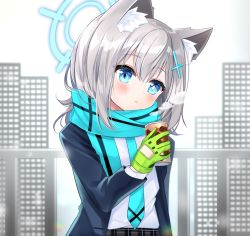 Rule 34 | 1girl, animal ear fluff, animal ears, black jacket, blazer, blue archive, blue eyes, blue necktie, blue scarf, blush, breath, can, canned coffee, cat ears, drink can, grey hair, grey skirt, hair between eyes, halo, highres, holding, holding can, jacket, long hair, looking at viewer, mismatched pupils, necktie, open clothes, open jacket, parted lips, plaid, plaid skirt, scarf, shikito (yawa0w0), shiroko (blue archive), shirt, skirt, solo, white shirt
