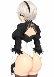 Rule 34 | 1girl, android, artist request, ass, back, blindfold, breasts, from behind, gloves, hairband, highres, large breasts, legs together, leotard, medium breasts, nier (series), nier:automata, ryu seung, shiny skin, short hair, sideboob, silver hair, smile, solo, thighhighs, thighs, thong, thong leotard, 2b (nier:automata)
