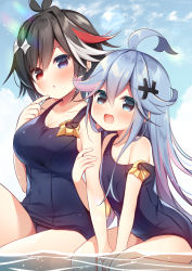 Rule 34 | 2girls, :d, :o, ahoge, arm hug, bare arms, bare shoulders, black one-piece swimsuit, blue eyes, blue hair, blue sky, blush, breasts, cleavage, cloud, cloudy sky, day, hair between eyes, hanamiya natsuka, heterochromia, little mermaid (mary skelter), long hair, mary skelter, medium breasts, multicolored hair, multiple girls, old school swimsuit, one-piece swimsuit, open mouth, otsuu (mary skelter 2), outdoors, parted lips, pink hair, red eyes, red hair, school swimsuit, shallow water, sky, small breasts, smile, strap slip, swimsuit, two-tone hair, very long hair, water, white hair