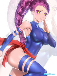 Rule 34 | 1girl, blue leotard, blue sleeves, blue thighhighs, braid, breasts, breasts apart, cosplay, detached sleeves, etchimune, fire emblem, fire emblem: three houses, high ponytail, leotard, long hair, long sleeves, looking at viewer, makeup, marvel, mascara, nintendo, parted lips, petra macneary, psylocke, psylocke (cosplay), purple hair, skin tight, skindentation, solo, thigh strap, thighhighs, twitter username, very long hair, yellow eyes