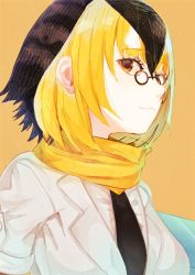 Rule 34 | 10s, 1girl, ancolatte (onikuanco), black hair, black necktie, blonde hair, brown eyes, campo flicker (kemono friends), closed mouth, glasses, highres, kemono friends, looking at viewer, multicolored hair, necktie, short hair, solo, upper body, white hair