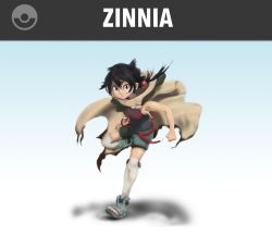 Rule 34 | 1girl, anklet, armpits, artist request, black hair, black shirt, bob cut, boots, breasts, cape, character name, clenched hand, creatures (company), dark skin, female focus, game freak, gradient background, grin, jewelry, legs, looking at viewer, nintendo, parody, pokemon, pokemon oras, red eyes, rope belt, running, sandals, shirt, short hair, short ponytail, short shorts, shorts, simple background, sleeveless, sleeveless shirt, smile, super smash bros., thighs, toeless footwear, toes, zinnia (pokemon)