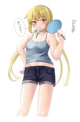 Rule 34 | 1girl, alternate costume, black shorts, blonde hair, camisole, casual, cowboy shot, flat chest, grey camisole, hand fan, highres, ishida arata, kantai collection, long hair, paper fan, satsuki (kancolle), shorts, simple background, solo, standing, thought bubble, translated, twintails, twitter username, uchiwa, white background, yellow eyes