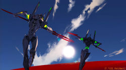 Rule 34 | amiami, bident, blue sky, cloud, cloudy sky, dated, eva 01, highres, holding, holding polearm, holding spear, holding weapon, humanoid robot, mecha, neon genesis evangelion, no humans, outdoors, polearm, robot, running, signature, sky, spear, sun, weapon