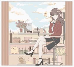 Rule 34 | 1girl, ?, black footwear, black skirt, blue sky, book, brown hair, cabinet, chair, cloud, cloudy sky, coffee, coffee mug, computer, crossed legs, cup, curtains, flower, full body, green eyes, high heels, highres, jacket, laptop, long hair, long sleeves, looking at viewer, mug, office chair, open mouth, pink flower, pink rose, red jacket, rosa (tears of themis), rose, shirt, sitting, skirt, sky, solo, spoken question mark, swivel chair, table, tears of themis, vase, white shirt, window, yingchuan981