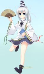 Rule 34 | 1girl, absurdres, bad id, bad pixiv id, black footwear, black skirt, blue eyes, blush, breasts, closed mouth, hand fan, folding fan, full body, hat, highres, japanese clothes, kariginu, long sleeves, looking at viewer, mononobe no futo, pom pom (clothes), ponytail, ribbon-trimmed sleeves, ribbon trim, shoes, sideboob, silver hair, skirt, small breasts, smile, solo, surota, tate eboshi, touhou, wide sleeves