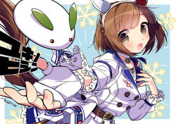Rule 34 | 1girl, animal ears, belt, blush, breasts, brown hair, collar, commentary request, fingerless gloves, gloves, headband, horse ears, looking at viewer, medium breasts, medium hair, open mouth, simple background, snow rabbit, snowflakes, solo, umamusume, yukino bijin (umamusume), zest (lossol)