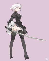 Rule 34 | 1girl, ahoge, artist name, ass, black dress, black gloves, black thighhighs, boots, clothes lift, cosplay, cross-laced footwear, dress, dress lift, fate (series), feather-trimmed sleeves, from behind, full body, gloves, high heel boots, high heels, highres, holding, holding sword, holding weapon, jeanne d&#039;arc (fate), jeanne d&#039;arc alter (avenger) (fate), jeanne d&#039;arc alter (fate), juliet sleeves, katana, lace-up boots, long sleeves, nier:automata, nier (series), no blindfold, no leotard, puffy sleeves, r3dfive, short hair, silver hair, simple background, solo, standing, sword, thigh boots, thighhighs, thighhighs under boots, vambraces, weapon, wicked dragon witch ver. shinjuku 1999, wind, wind lift, yellow eyes, 2b (nier:automata), 2b (nier:automata) (cosplay)