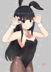 Rule 34 | 1girl, animal ears, aqua eyes, black hair, black leotard, blunt bangs, bow, bowtie, brown pantyhose, commentary request, curled fingers, detached collar, fake animal ears, fishnet pantyhose, fishnets, grey background, highres, kooei, kurosawa dia, leotard, long hair, looking at viewer, love live!, love live! sunshine!!, mole, mole under mouth, pantyhose, playboy bunny, rabbit ears, rabbit girl, red bow, red bowtie, simple background, smile, solo, sparkle, strapless, strapless leotard, wavy mouth, wrist cuffs