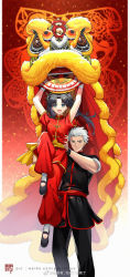 Rule 34 | 1boy, 1girl, alternate costume, archer (fate), black hair, chinese clothes, chinese new year, fate/grand order, fate/stay night, fate (series), green eyes, grey hair, highres, lion dance, long hair, smile, tohsaka rin, twintails, yaoshi jun