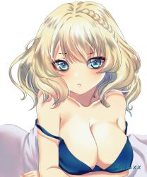 Rule 34 | 1girl, blonde hair, blue bra, blue eyes, bra, braid, breasts, cleavage, collarbone, colorado (kancolle), ena (hui jia), kantai collection, large breasts, looking at viewer, parted lips, short hair, side braids, solo, strap slip, transparent background, underwear, upper body