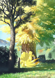 Rule 34 | animal, atelier pocket, autumn leaves, bad id, bad pixiv id, blue sky, creatures (company), day, forest, fox, full body, game freak, gen 1 pokemon, grass, looking at viewer, multiple tails, nature, ninetales, nintendo, no humans, outdoors, pokemon, pokemon (creature), red eyes, sky, solo, tail, tree