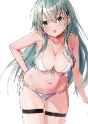 Rule 34 | 1girl, absurdres, bare shoulders, bikini, blush, breasts, cleavage, collarbone, front-tie bikini top, front-tie top, green eyes, grey hair, hand on own hip, head tilt, highres, kantai collection, leaning forward, long hair, looking at viewer, medium breasts, navel, open mouth, scan, side-tie bikini bottom, simple background, solo, stomach, suzuya (kancolle), swimsuit, takanashi kei (hitsujikan), thigh strap, thighs, white background, white bikini