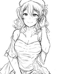 Rule 34 | 10s, 1girl, bare shoulders, breasts, cleavage, closed mouth, dress, facing viewer, greyscale, hair between eyes, hat, kantai collection, kashima (kancolle), looking at viewer, monochrome, sketch, smile, solo, unfinished, wangphing, wavy hair, white background