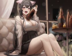 Rule 34 | 1girl, :d, animal ears, arm support, beer bottle, black hair, black skirt, blurry, blush, bottle, breasts, cat ears, cleavage, couch, depth of field, drunk, hair between eyes, high-waist skirt, holding, holding bottle, knees up, large breasts, long hair, looking at viewer, night, open mouth, original, pucohiiiii, red eyes, see-through, sidelocks, sitting, skirt, smile, solo, tank top, white tank top