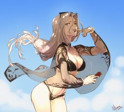 Rule 34 | 1girl, arched back, bikini, black bikini, black nails, blue sky, breasts, carmilla (fate), carmilla (swimsuit rider) (fate), carmilla (swimsuit rider) (third ascension) (fate), choker, cleavage, commentary, commission, cowboy shot, cross, cross choker, dated, day, english commentary, eyewear on head, fate/grand order, fate (series), finger to mouth, fingernails, from side, hair between eyes, hair blowing, highres, holding, large breasts, leaning forward, long fingernails, long hair, looking to the side, low-tied long hair, multi-strapped bikini, nail polish, outdoors, parted lips, see-through, sidelocks, signature, sky, smile, solkorra, solo, sunglasses, swimsuit, white hair, yellow eyes