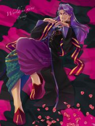 Rule 34 | 1boy, checkered background, duryodhana (fate), earrings, facial hair, fate/grand order, fate (series), full body, goatee, goatee stubble, highres, indian clothes, jewelry, long hair, looking at viewer, male focus, mature male, petals, puffy pants, purple eyes, purple hair, rose petals, sash, shoulder sash, single earring, smile, solo, stubble, wyitsu