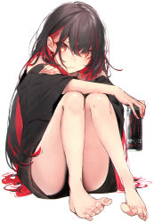 Rule 34 | 1girl, absurdres, bare legs, bare shoulders, barefoot, black hair, black shirt, chain, chain necklace, cross, crossed bangs, ear piercing, earrings, energy drink, hair behind ear, highres, jewelry, kuwashima rein, long hair, looking at viewer, monster energy, multicolored hair, nail polish, necklace, original, piercing, pink lips, pink nails, red eyes, red hair, shirt, short sleeves, sitting, white background